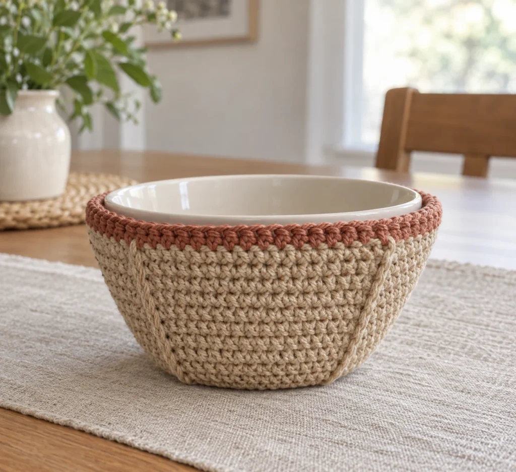 Finished cotton crochet soup bowl cozy with four seamed side panels and a contrasting top border holding a plain ceramic bowl