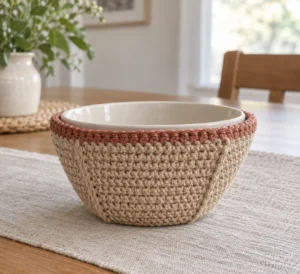 Finished cotton crochet soup bowl cozy with four seamed side panels and a contrasting top border holding a plain ceramic bowl