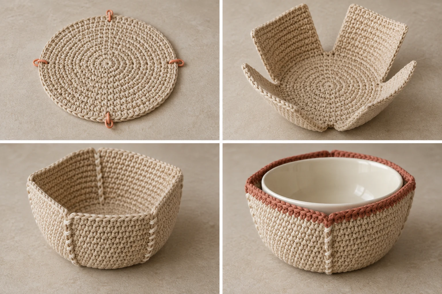 Multi-panel construction collage showing the circular base, four attached flared panels, structural side seams, and contrasting top border