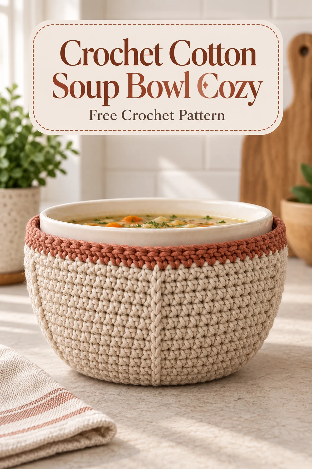 Vertical Crochet Cotton Soup Bowl Cozy free pattern graphic with a finished faceted cotton bowl cozy