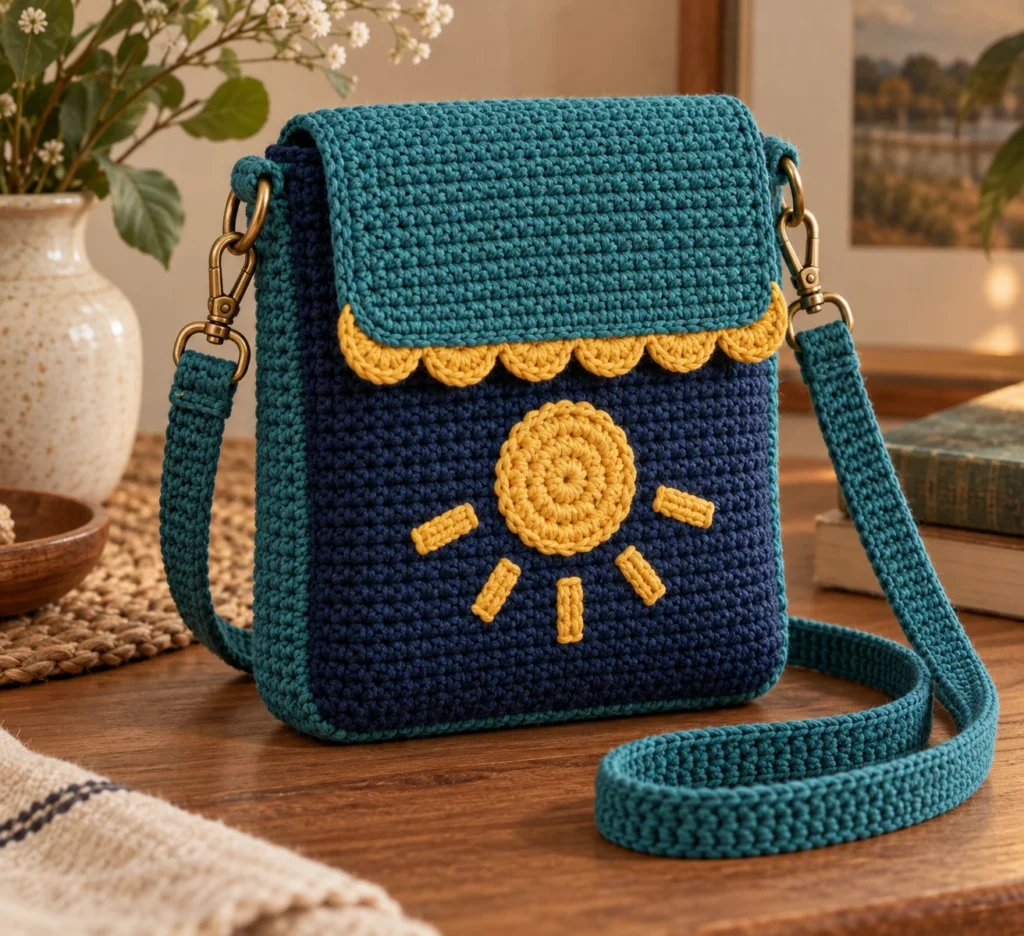 Finished midnight blue and teal crochet crossbody phone bag with golden scalloped edging and sun appliqué