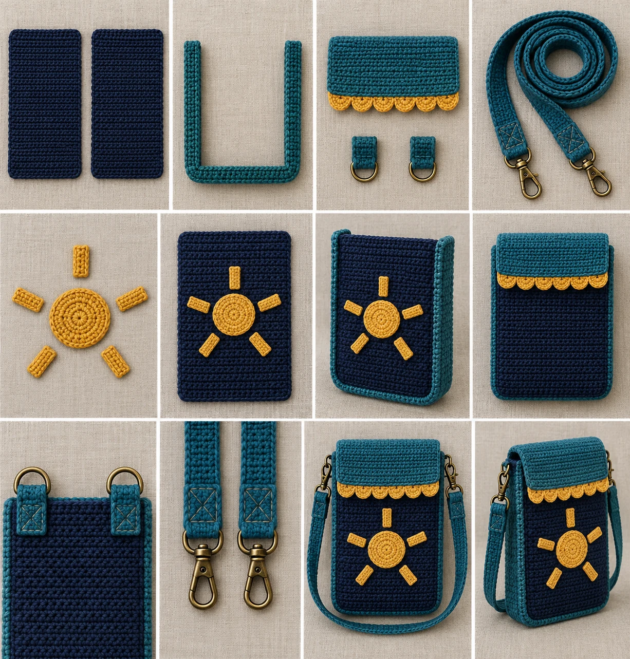 Construction steps for the crochet crossbody phone bag showing panels, gusset, flap, appliqués, tabs, strap, and assembly