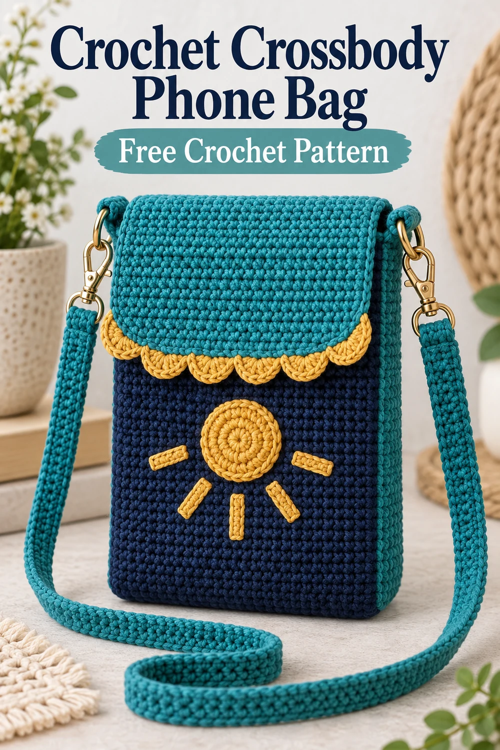 Vertical Crochet Crossbody Phone Bag free pattern graphic featuring the finished blue, teal, and golden bag