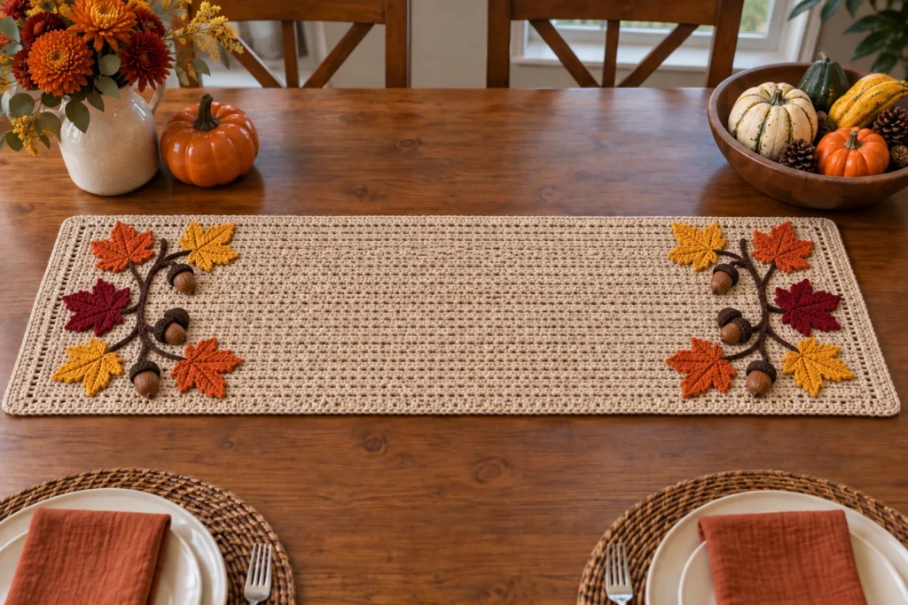 Finished oatmeal crochet fall leaves table runner with brown vines, colorful leaves, and dimensional acorns