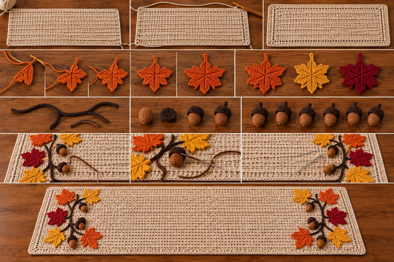 Construction collage showing the crochet runner panel, bordered edges, leaf appliqués, vines, acorns, and assembly layout