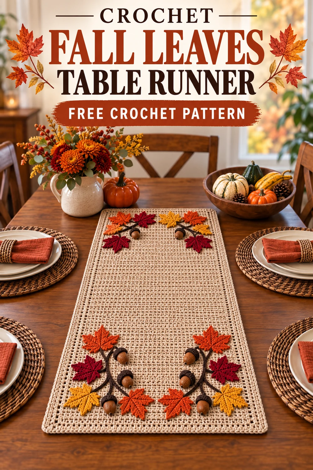 Vertical Crochet Fall Leaves Table Runner pattern graphic with the finished autumn runner and readable title