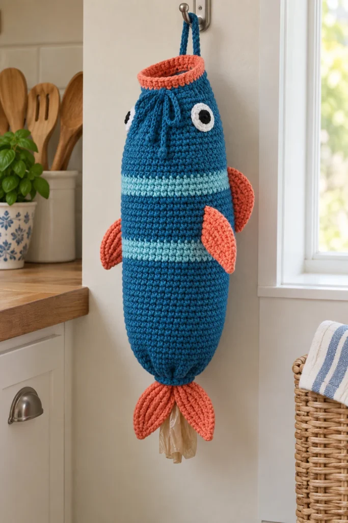 Finished blue and aqua striped crochet fish bag holder with coral fins and mouth rim