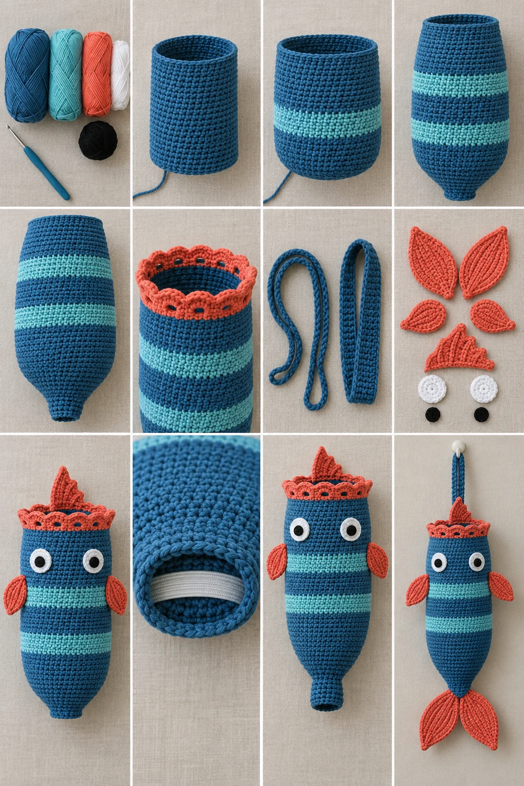 Construction stages for the crochet fish bag holder showing the body, rim, fins, eyes, strap, and elastic casing