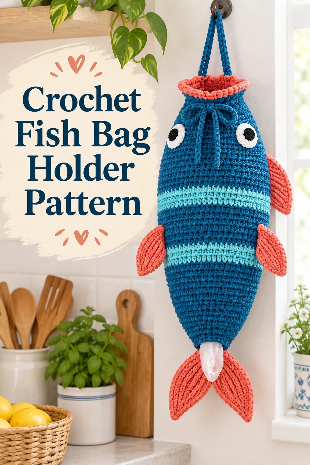 Vertical Crochet Fish Bag Holder Pattern graphic featuring the finished blue, aqua, and coral fish holder