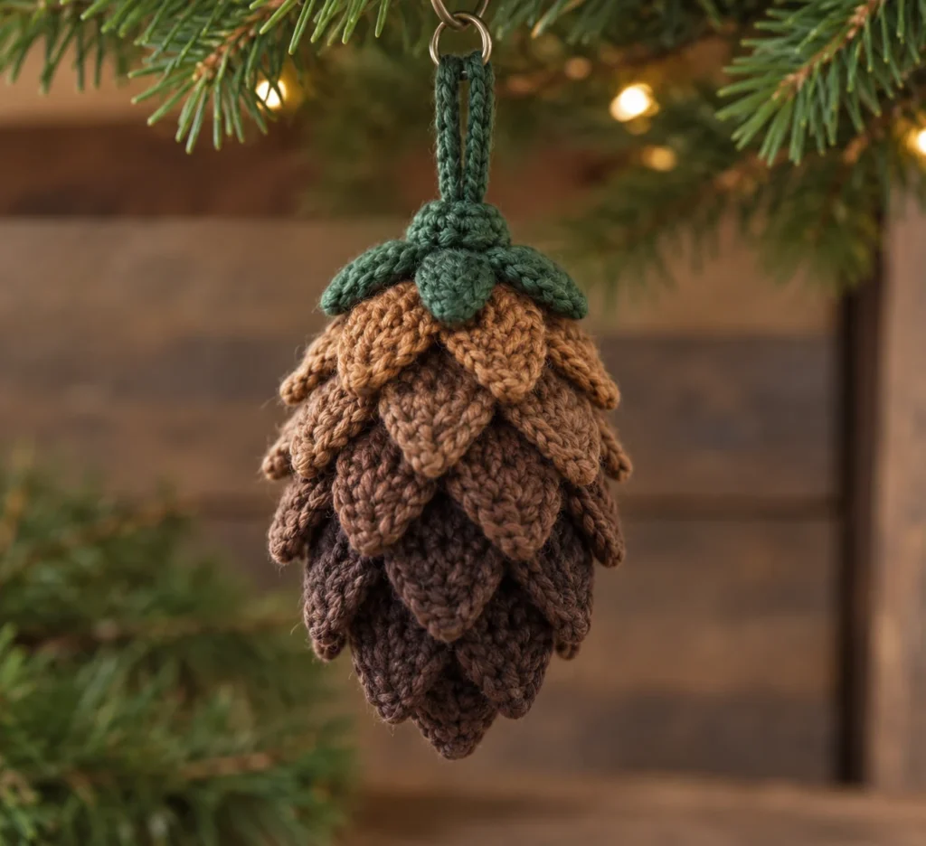 Finished handmade crochet pine cone ornament with layered brown scales, green stem cap, and hanging ring