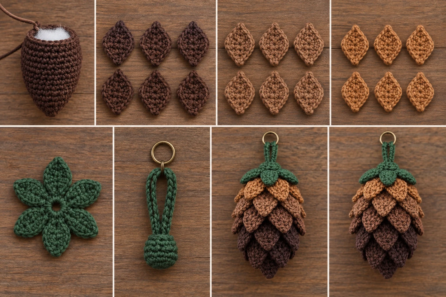Construction collage showing the crochet pine cone body, three sizes of scales, green stem cap, loop, and assembly