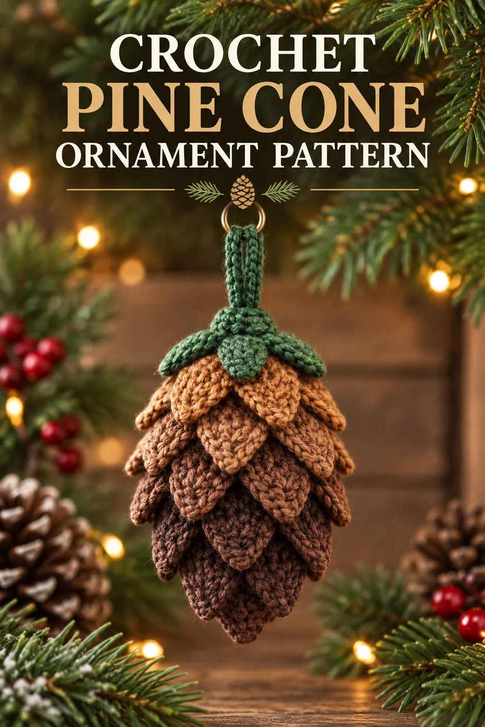 Vertical Crochet Pine Cone Ornament Pattern graphic featuring the finished layered woodland ornament