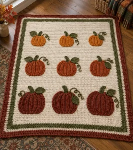 Finished cream crochet blanket with nine dimensional orange pumpkins, olive leaves and vines, and a rust and green border