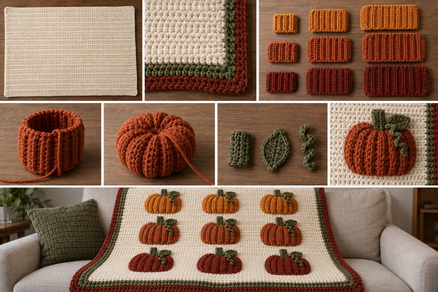 Multi-panel construction collage showing the crochet blanket panel, ribbed pumpkin formation, border, leaves, stems, tendrils, and appliqué assembly