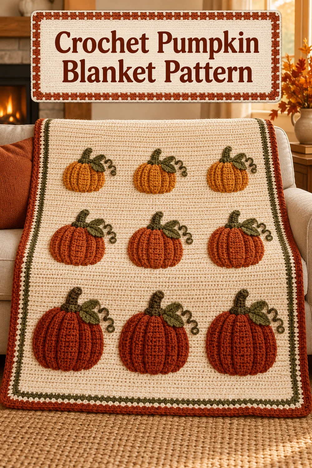 Vertical Crochet Pumpkin Blanket Pattern graphic showing the finished cream throw with nine orange pumpkin appliqués
