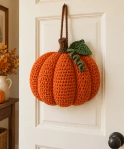 Finished burnt-orange crochet pumpkin door hanger with a brown stem, moss-green leaf, curling tendril, and hanging strap