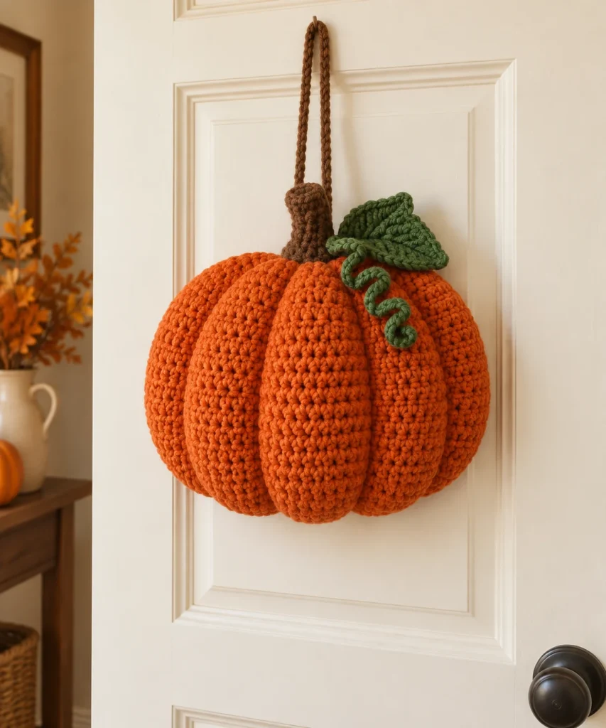 Finished burnt-orange crochet pumpkin door hanger with a brown stem, moss-green leaf, curling tendril, and hanging strap