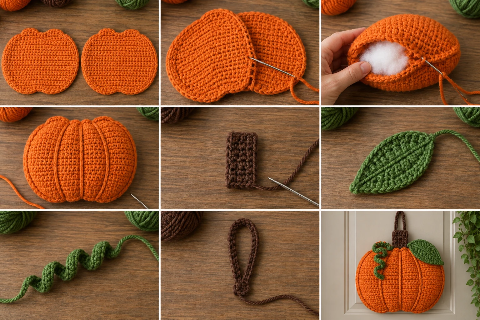 Construction collage showing the crocheted pumpkin panels, folded stem, leaf, spiral tendril, reinforced strap, stuffing, and final assembly