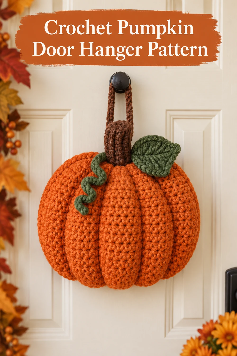 Vertical Pinterest graphic for the Crochet Pumpkin Door Hanger Pattern featuring the finished autumn decoration