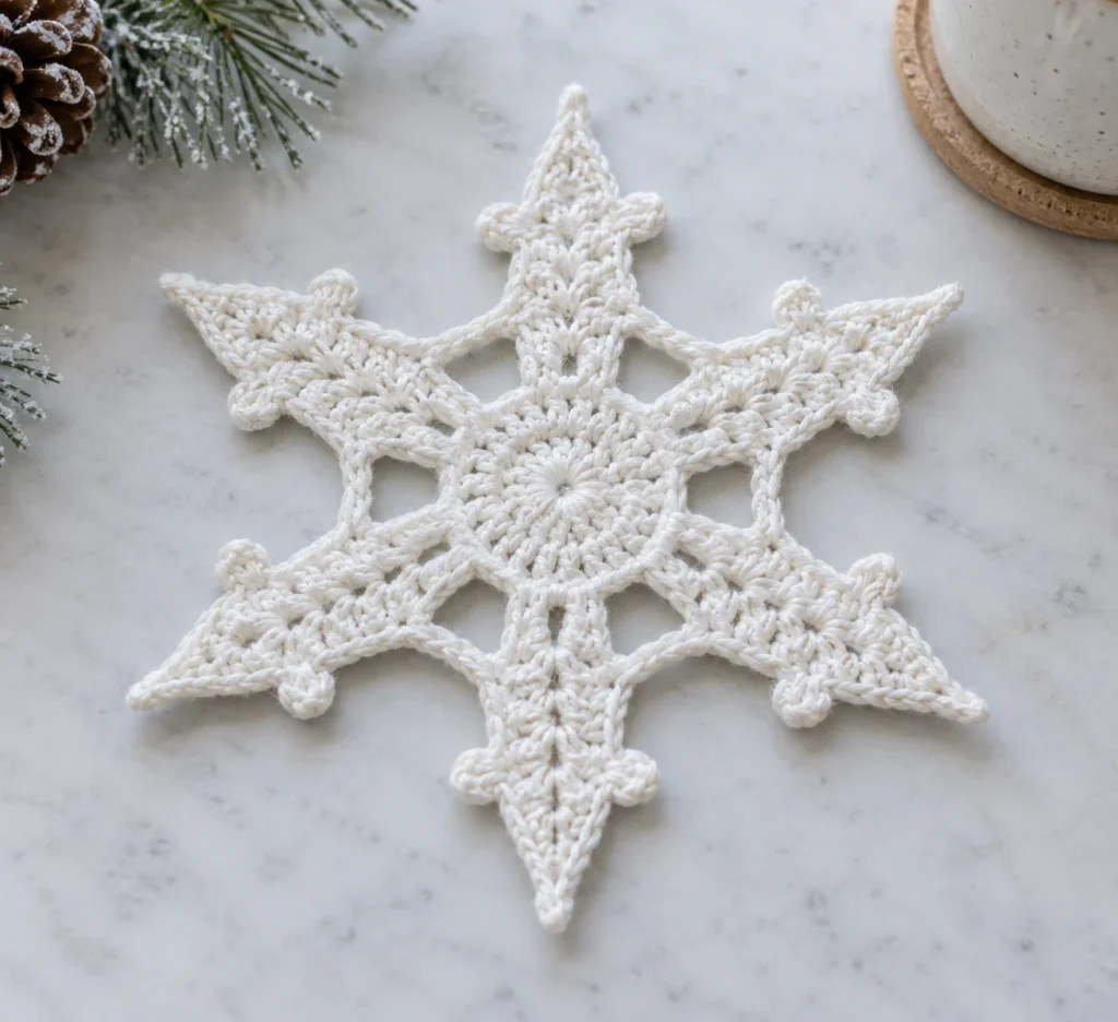 Finished icy-white six-point crochet snowflake coaster with twelve side picots