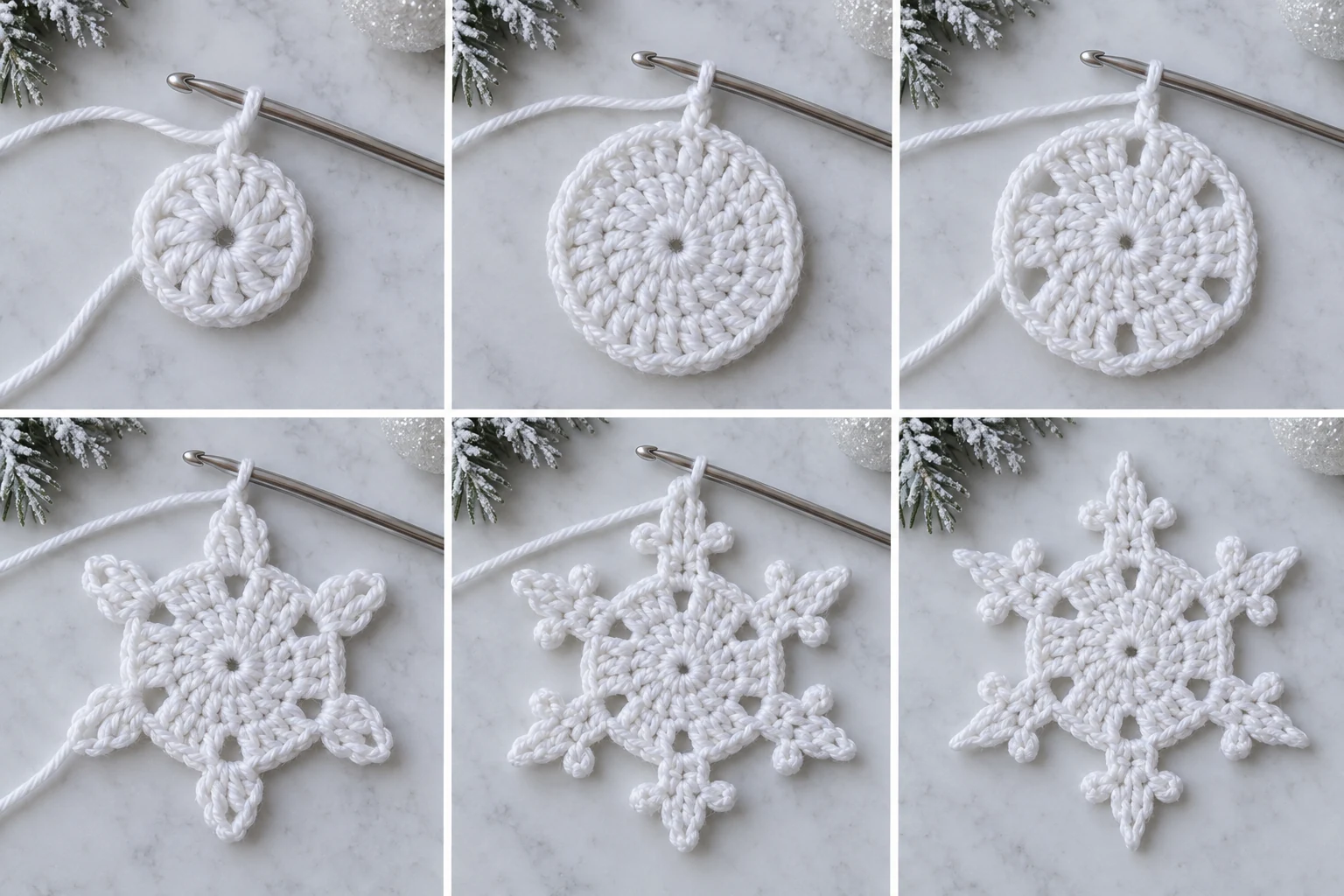 Construction stages for the integrated crochet snowflake coaster from circular center to points and picots
