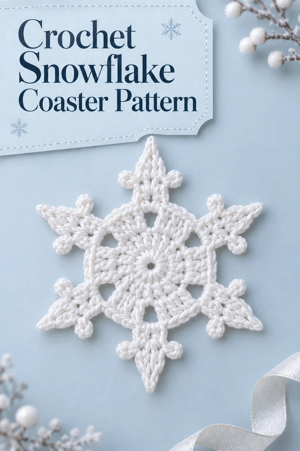 Vertical graphic for the free Crochet Snowflake Coaster Pattern