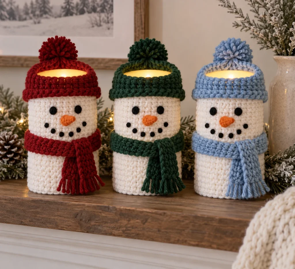 Three crochet snowman covers on flameless LED pillar candles with colorful hats and scarves