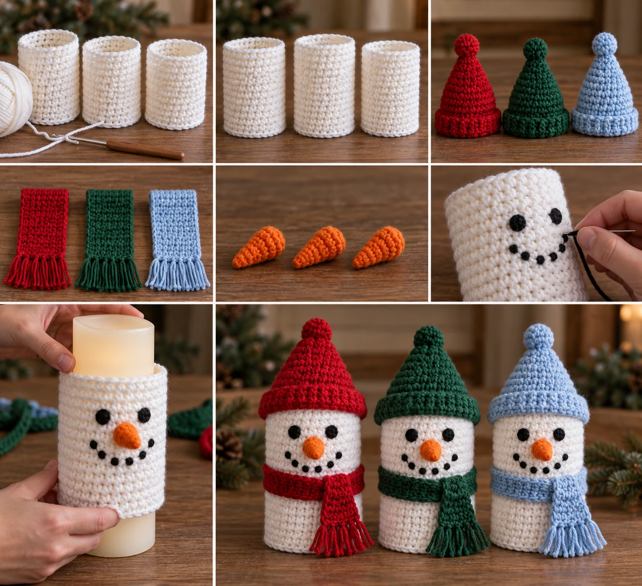 Construction collage showing crochet snowman sleeves, hats, scarves, noses, face embroidery, and assembly
