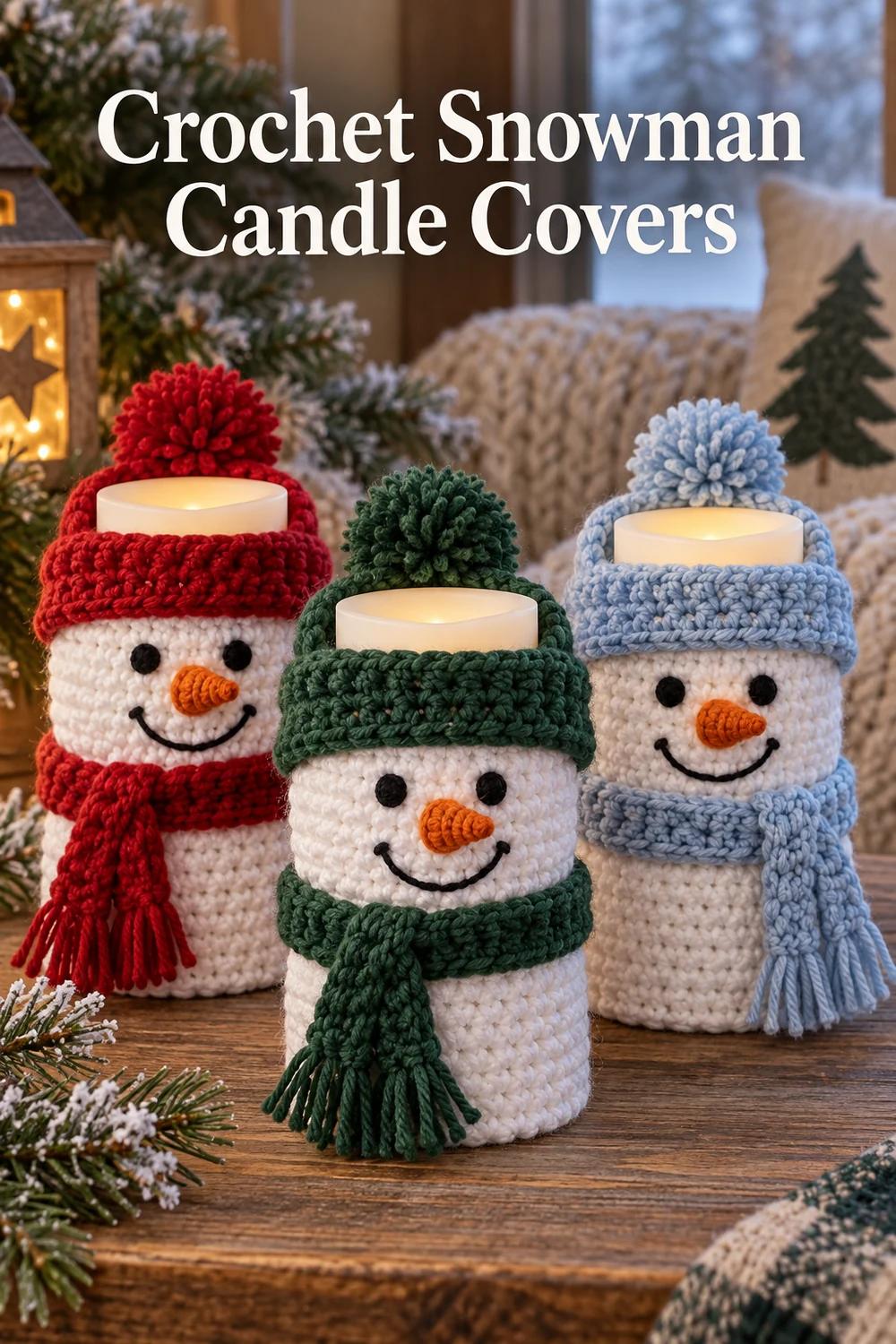 Pinterest graphic for Crochet Snowman Candle Covers