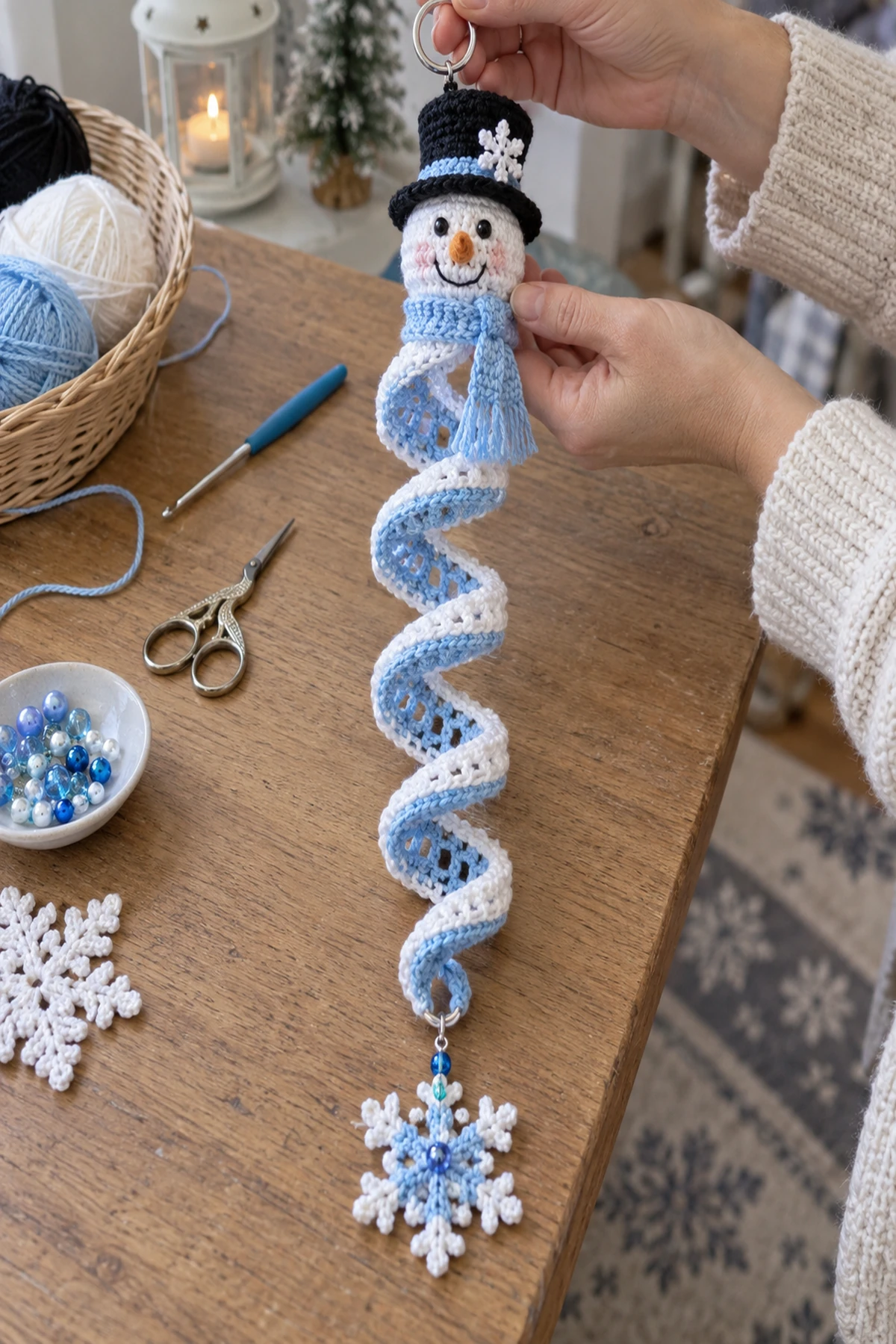 Crochet Snowman Wind Spinner Pattern: detail view.