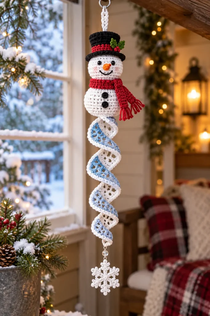 Finished Crochet Snowman Wind Spinner Pattern crochet project displayed clearly.