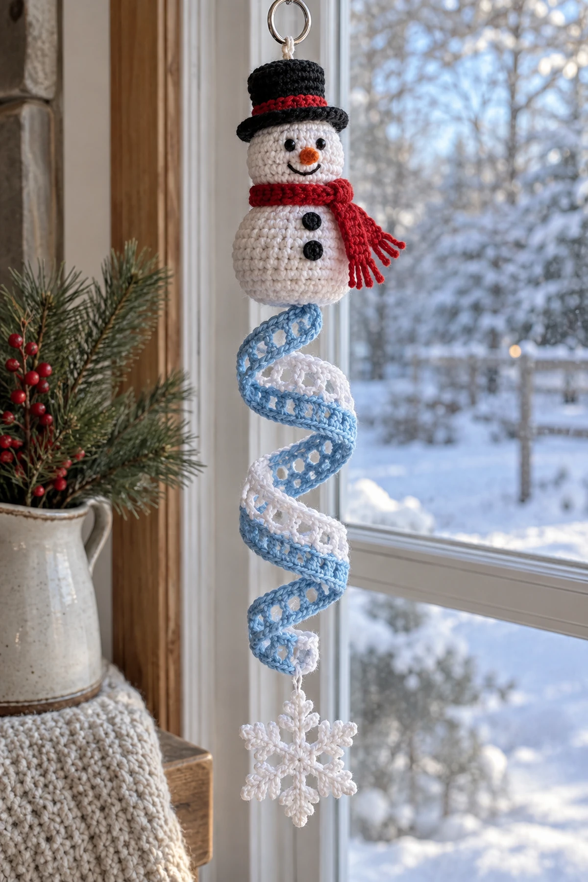 Crochet Snowman Wind Spinner Pattern: final lifestyle view.