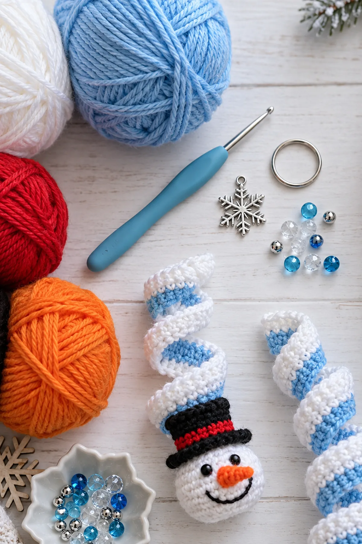Crochet Snowman Wind Spinner Pattern: materials view.