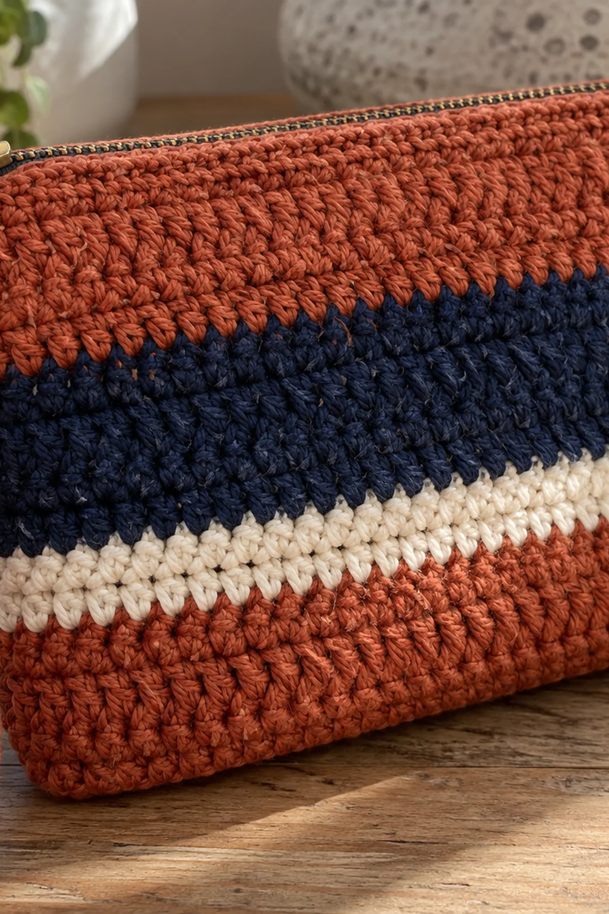 Crochet Striped Clutch Bag: detail view.