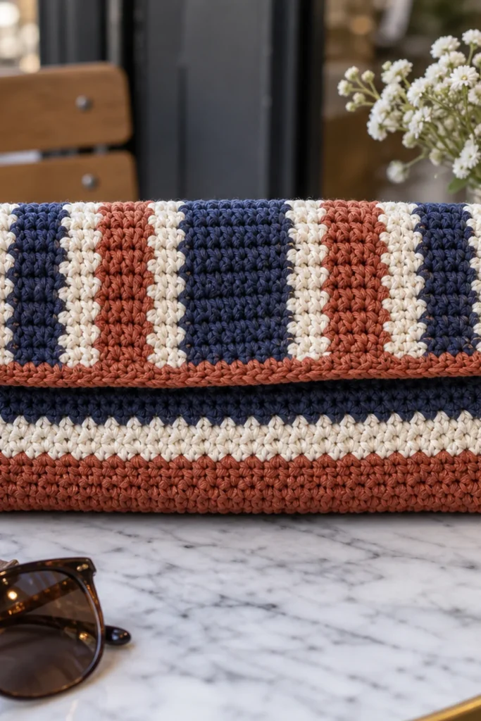 Finished Crochet Striped Clutch Bag crochet project displayed clearly.