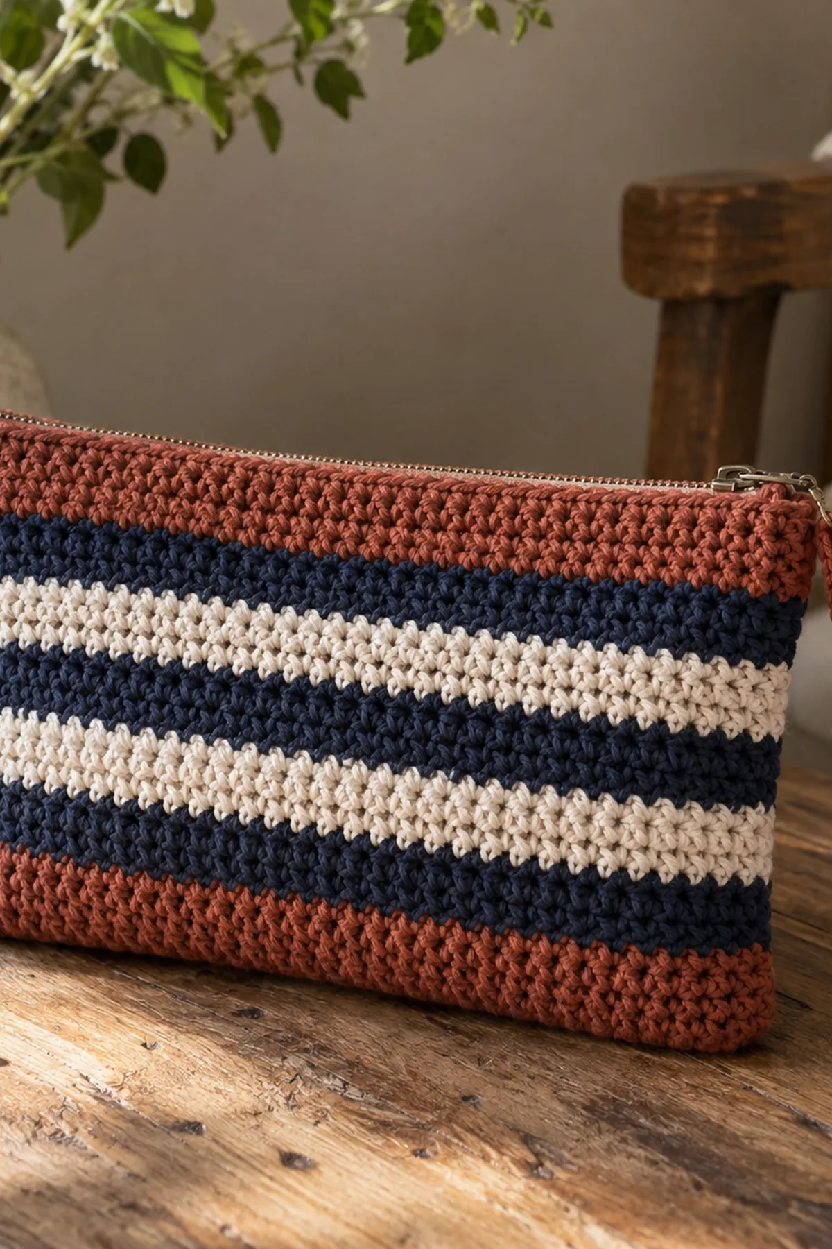 Crochet Striped Clutch Bag: final lifestyle view.