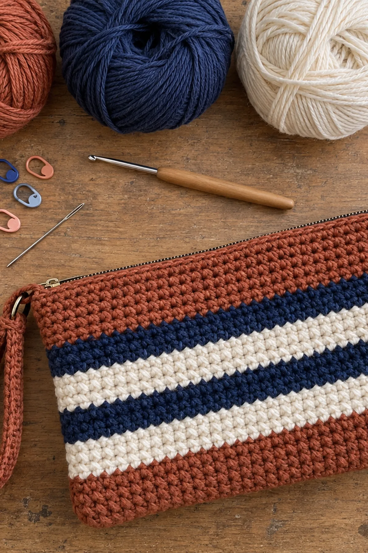Crochet Striped Clutch Bag: materials view.