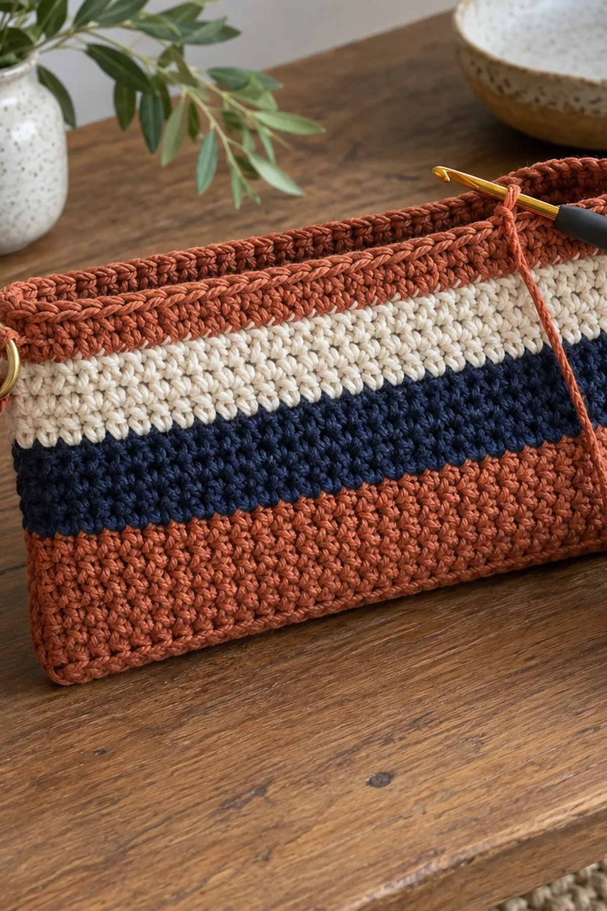 Crochet Striped Clutch Bag: progress 02 view.