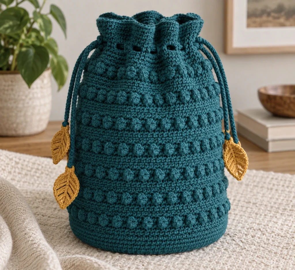 Finished deep teal textured crochet drawstring bucket bag with four ochre leaf cord ends