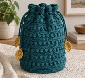 Finished deep teal textured crochet drawstring bucket bag with four ochre leaf cord ends