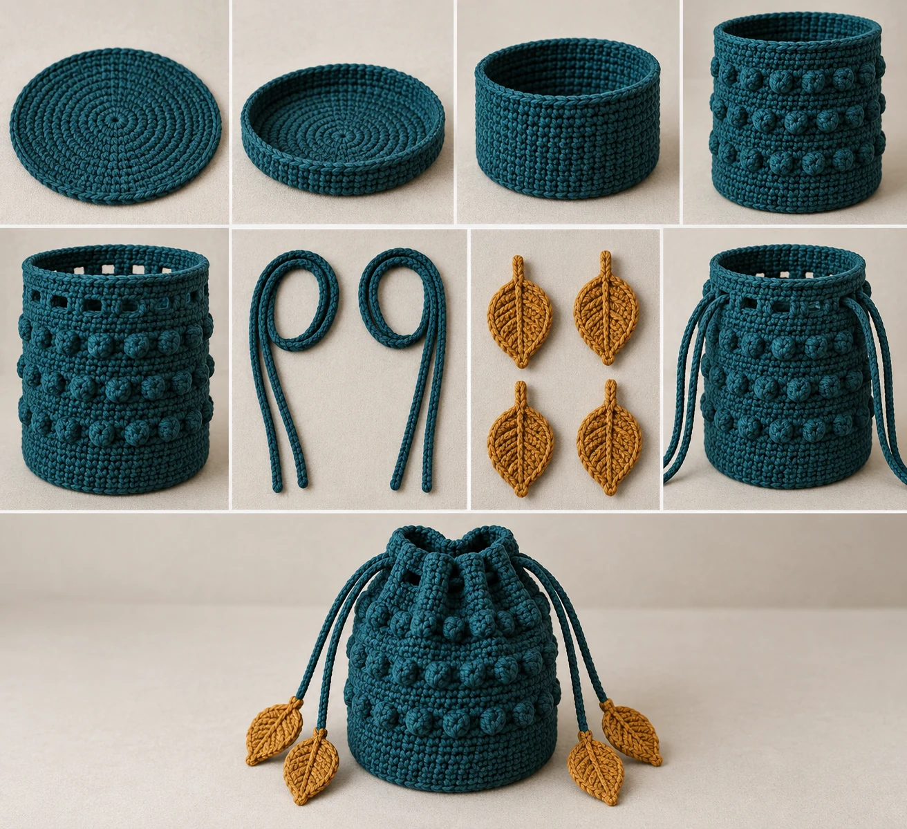Construction stages for the textured crochet bucket bag showing base, body, eyelets, cords, leaves, and assembly