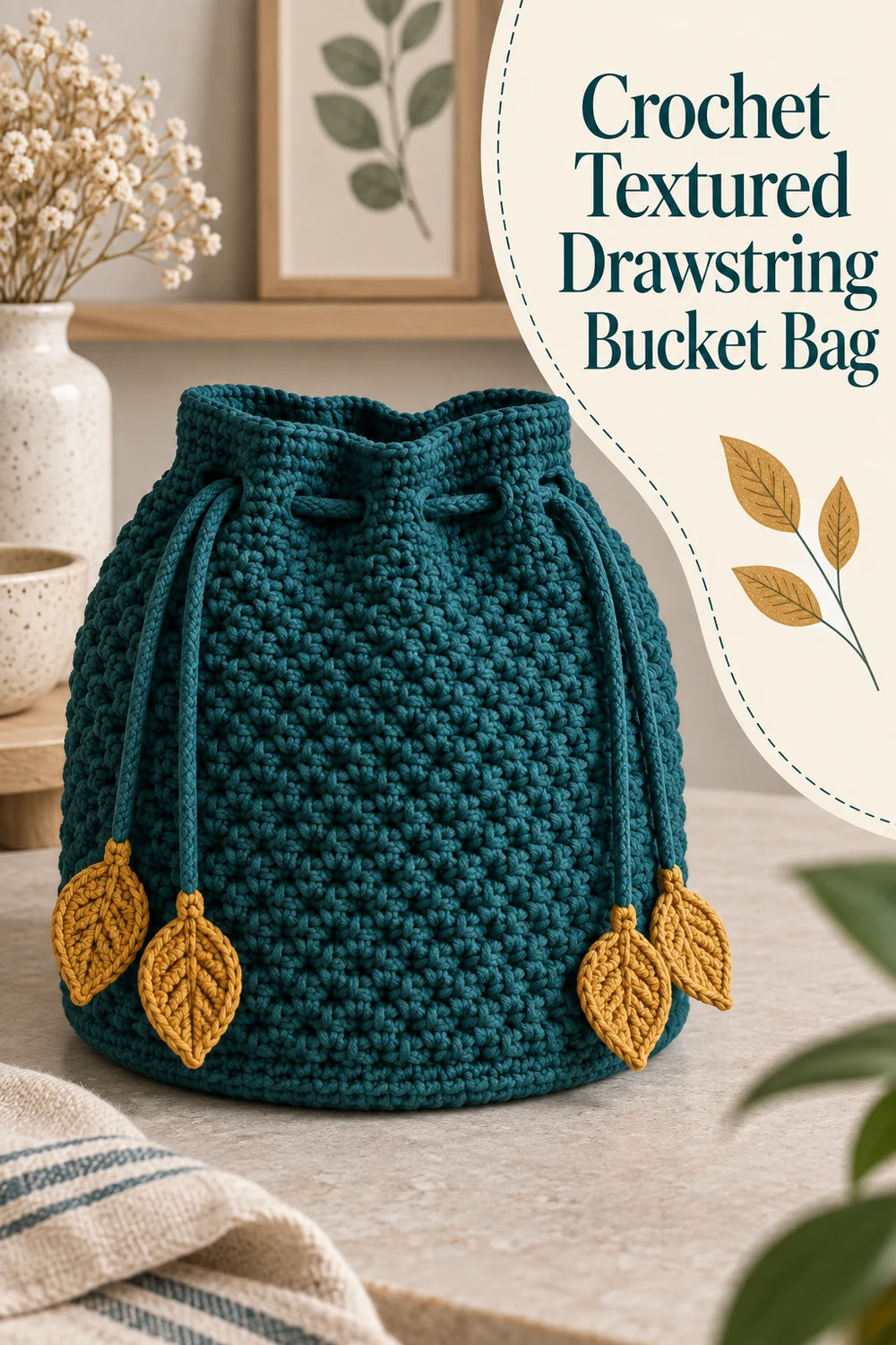 Vertical graphic for the Crochet Textured Drawstring Bucket Bag free pattern
