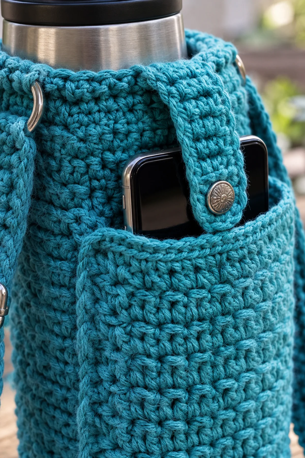 Crochet Water Bottle Holder with Phone Pocket: detail view.