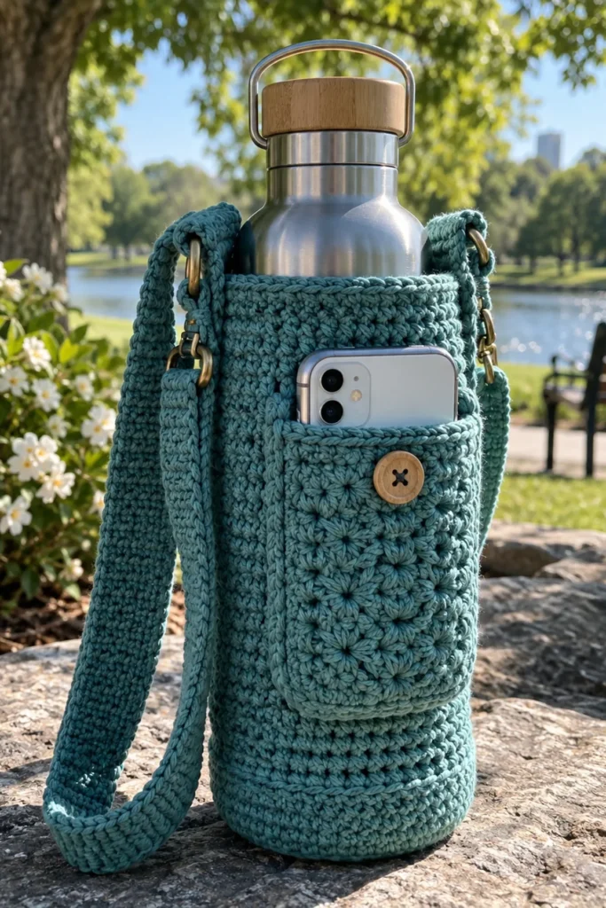 Finished Crochet Water Bottle Holder with Phone Pocket crochet project displayed clearly.