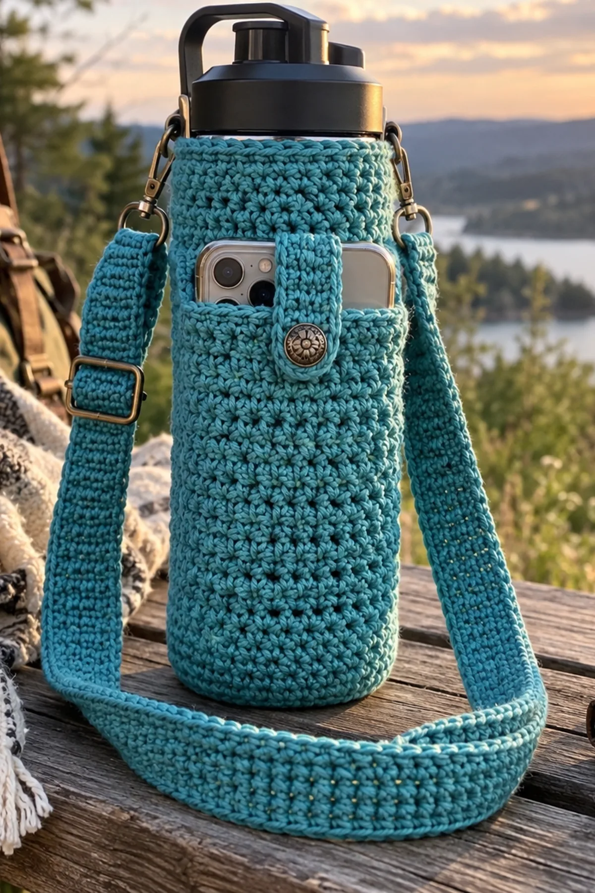 Crochet Water Bottle Holder with Phone Pocket: final lifestyle view.