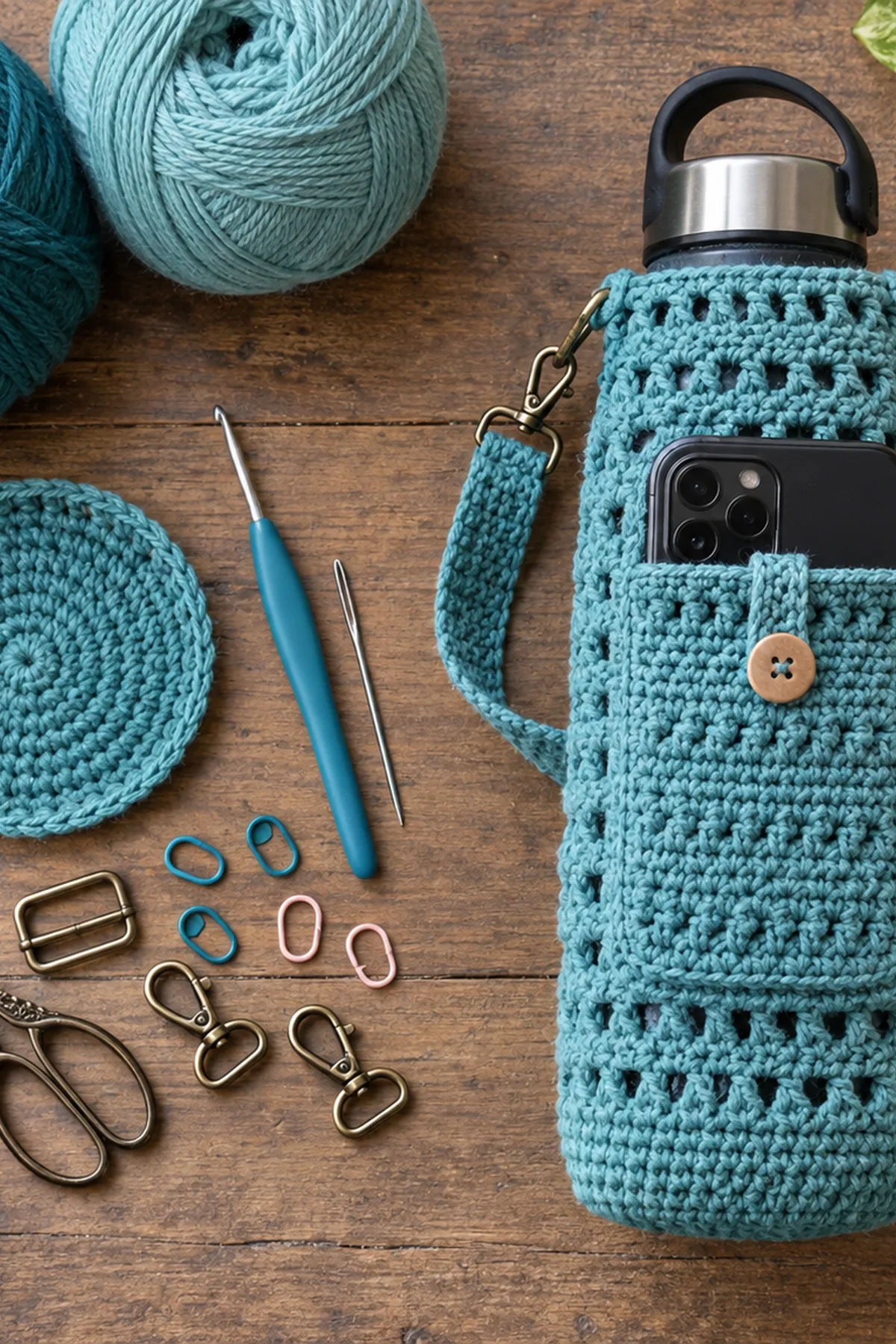Crochet Water Bottle Holder with Phone Pocket: materials view.