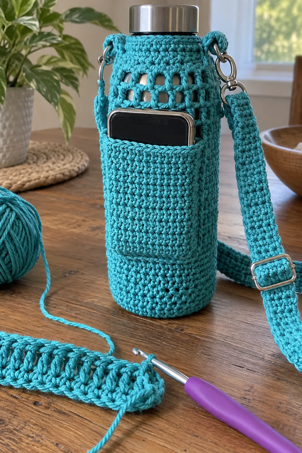 Crochet Water Bottle Holder with Phone Pocket: progress 02 view.