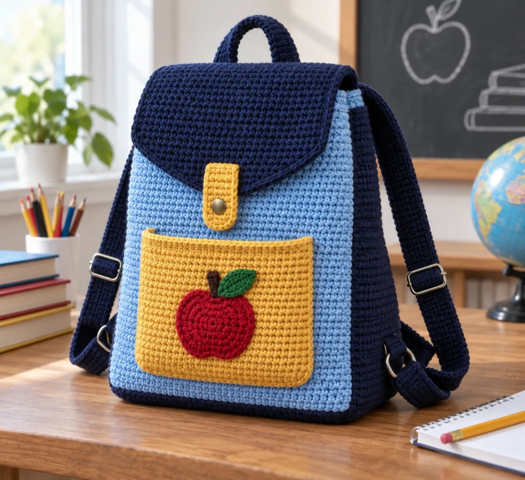 Finished sky-blue crochet school backpack with navy gusset, flap and straps, golden-yellow apple pocket, and red apple appliqué
