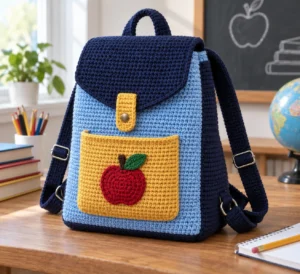 Finished sky-blue crochet school backpack with navy gusset, flap and straps, golden-yellow apple pocket, and red apple appliqué