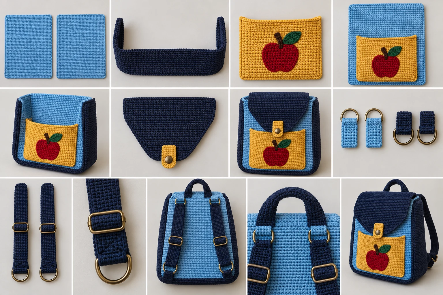 Construction collage showing the crocheted backpack panels, gusset alignment, pocket appliqué, flap, straps, hardware tabs, and final assembly
